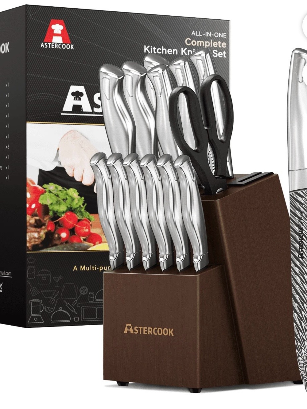 AsterCook 12-Piece Silver Knife Set with Brown Wooden Block